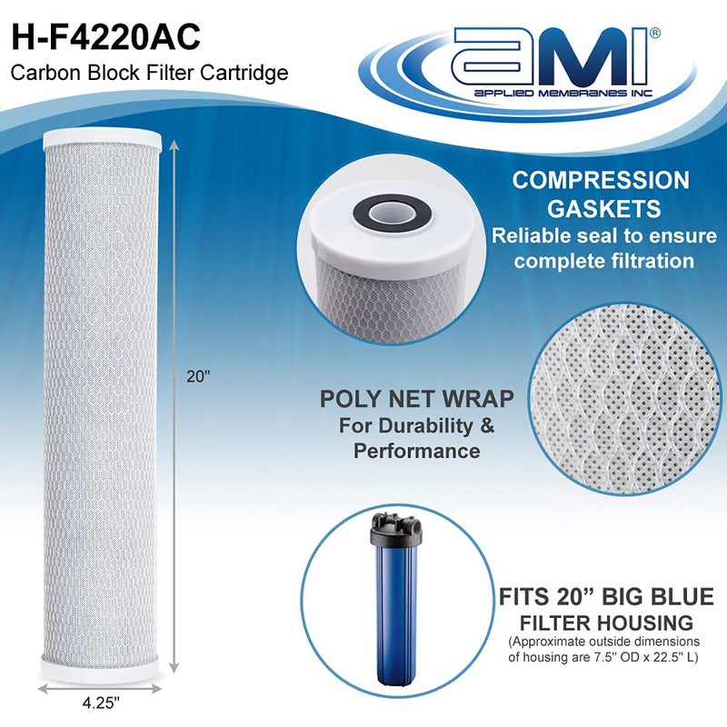 APPLIED MEMBRANES INC. 4.5" x 20" Carbon Water Filter | Whole House or Commercial Water Filtration System Replacement Filter | Chlorine Taste Odor Removal | Fits 20" Big Blue Housing | H-F4220AC - Image 3